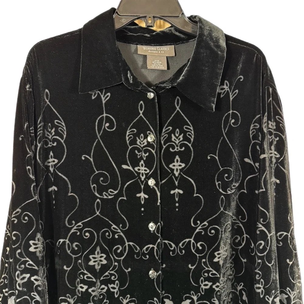 Working Classics Designs & Co. Silk Blend Velvet Burn Out Blouse Top 22/24 Black - Picture 2 of 7